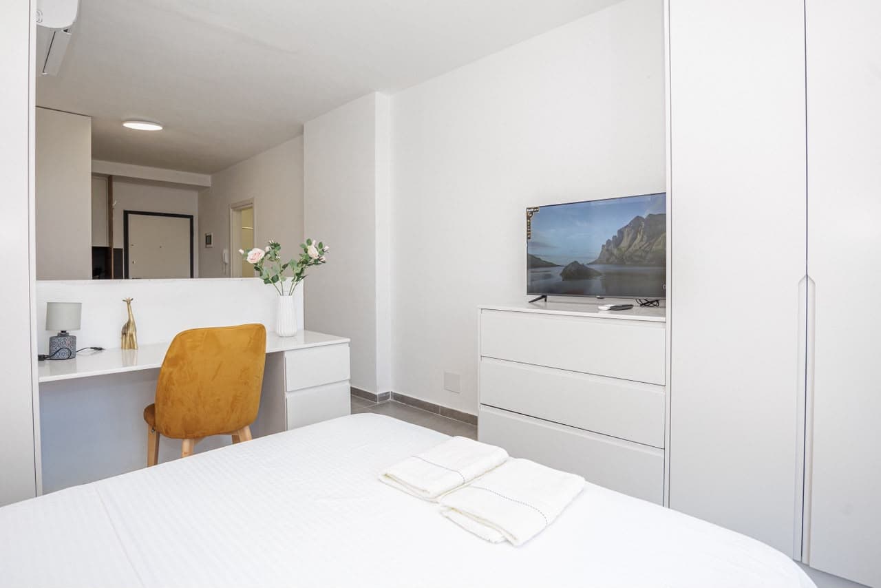 Open-plan apartment with TV and desk