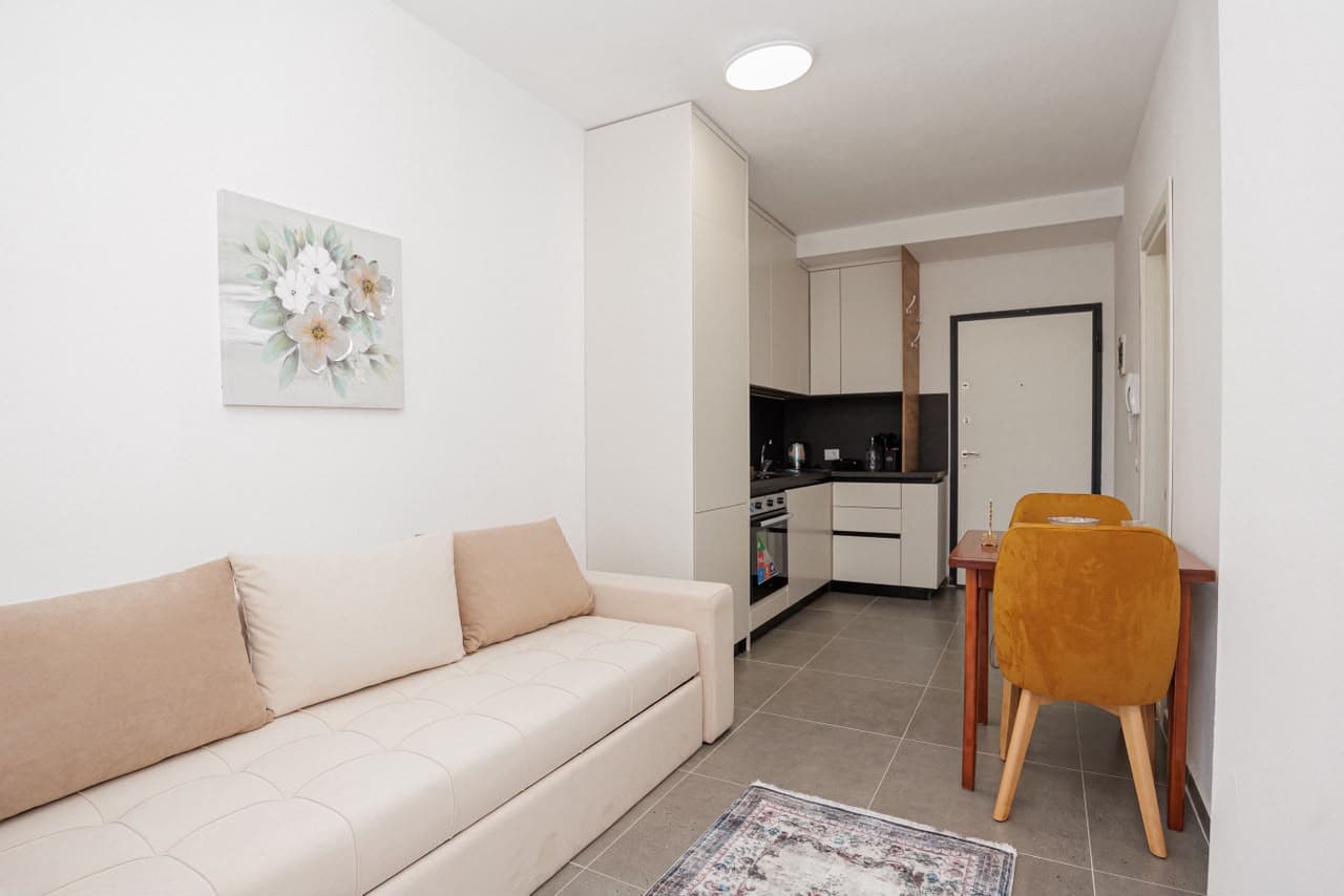 Sofa, dining table and kitchen